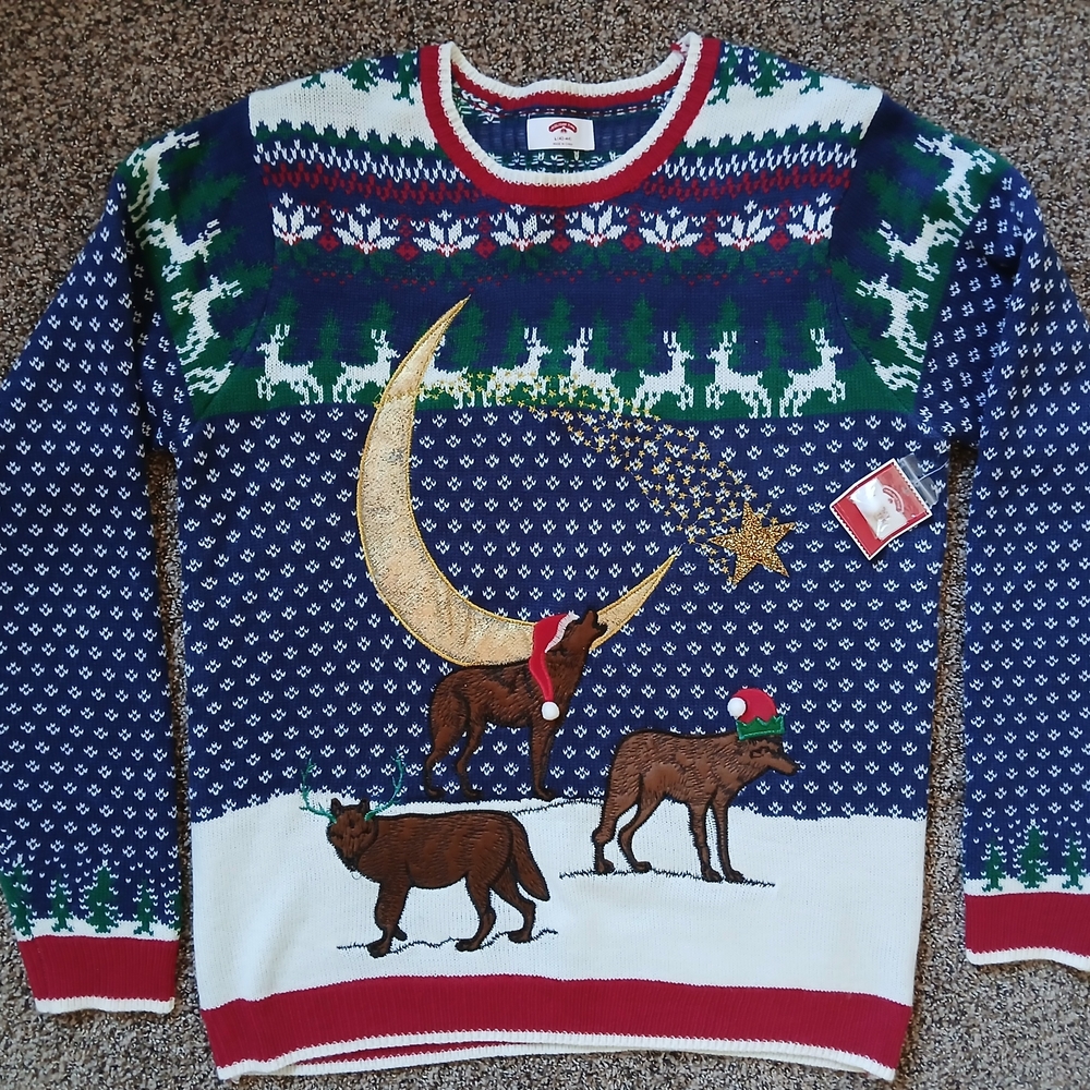 Holiday Time Festive Sweater with Wolves, Moon, and Star. UGLY SWEATER!
